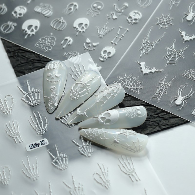 5D-037-039 Halloween Skull Nail Stickers, 3D Embossed Gold Foil Nail Art Decals