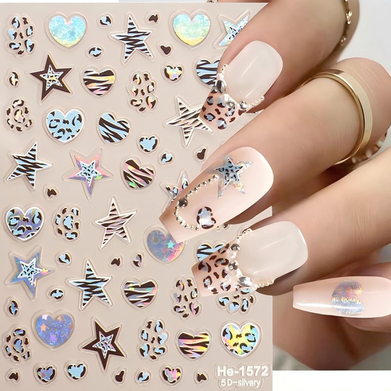 He?1571?1574 5D Embossed Nail Stickers, Leopard Print Glitter Crushed Gold Heart 3D Nail Decals