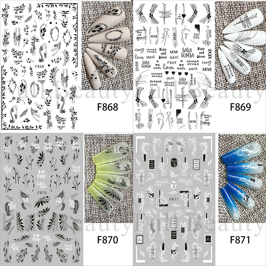f864-873 黑白线条花卉指甲贴