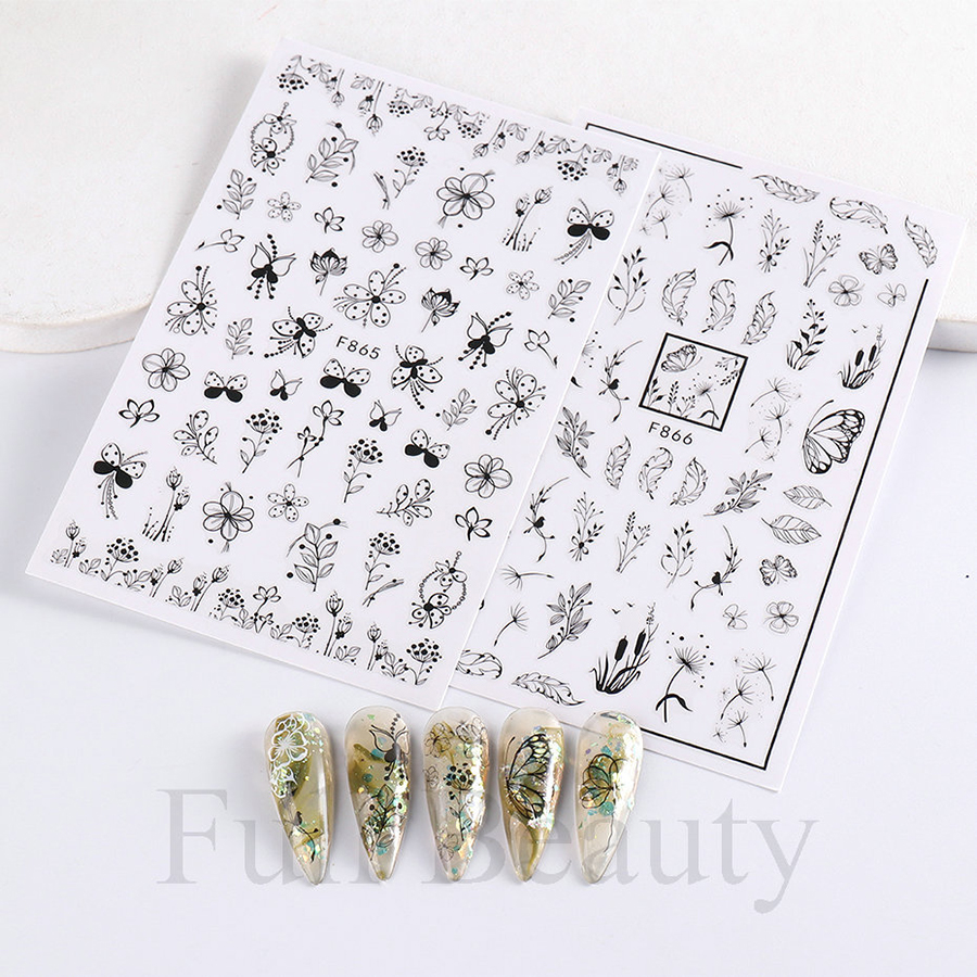 f864-873 black&white line floral nail sticker