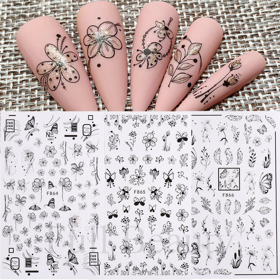 f864-873 black&white line floral nail sticker