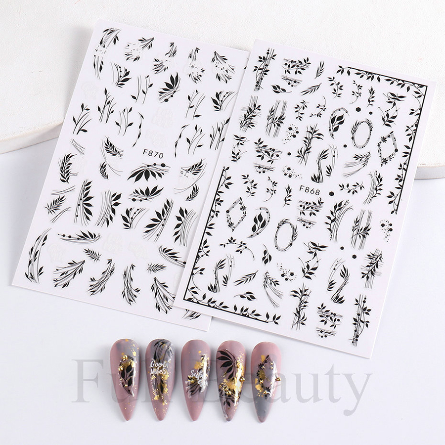 f864-873 black&white line floral nail sticker