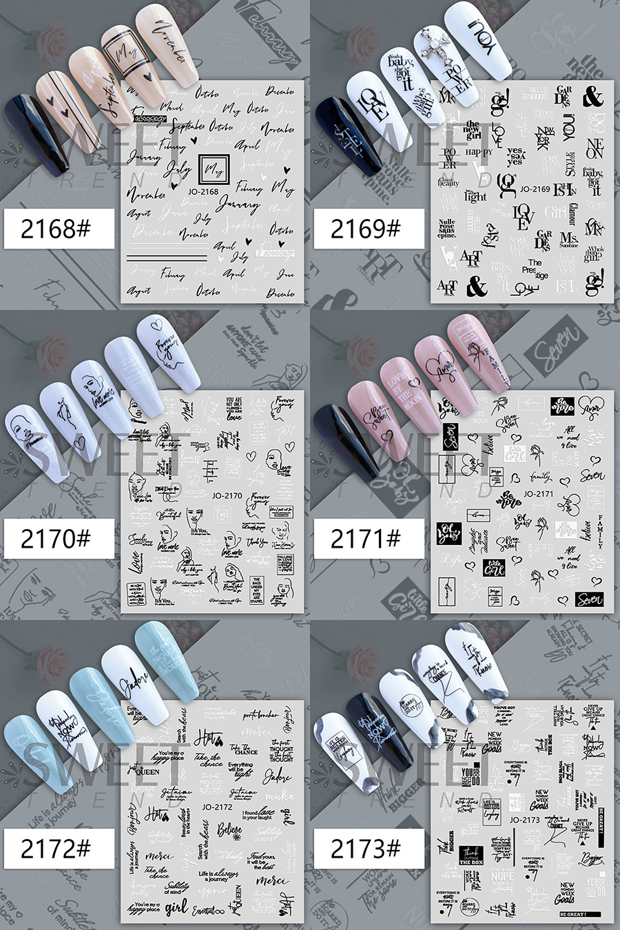 jo-2168-2173 英文字母&涂鸦文字&几何线条指甲贴