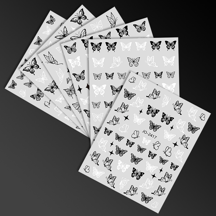 jo2412-2417 classic black &white hand-painted butterfly nail sticker