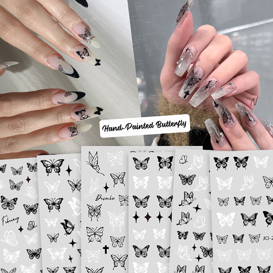 jo2412-2417 classic black &white hand-painted butterfly nail sticker