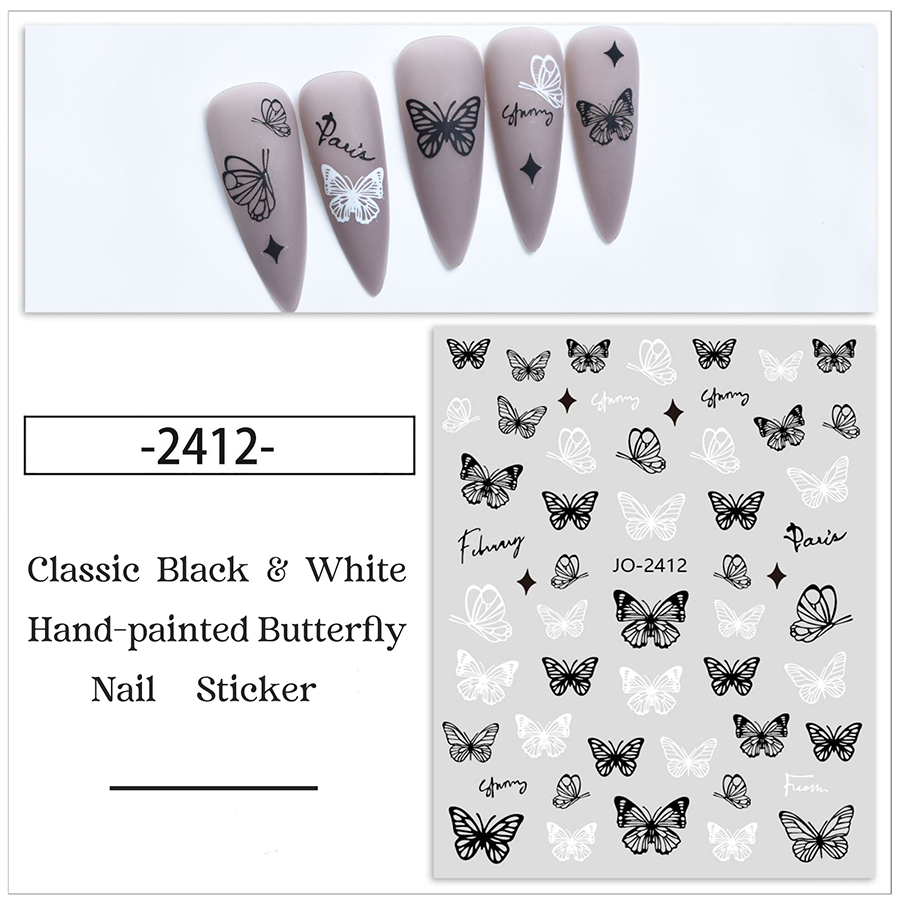 jo2412-2417 classic black &white hand-painted butterfly nail sticker