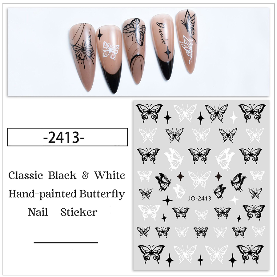 jo2412-2417 classic black &white hand-painted butterfly nail sticker