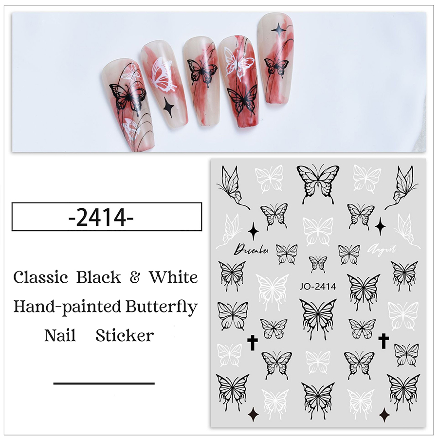 jo2412-2417 classic black &white hand-painted butterfly nail sticker