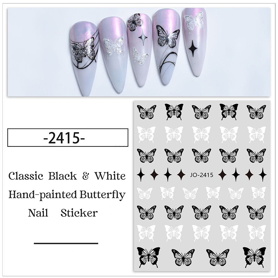 jo2412-2417 classic black &white hand-painted butterfly nail sticker