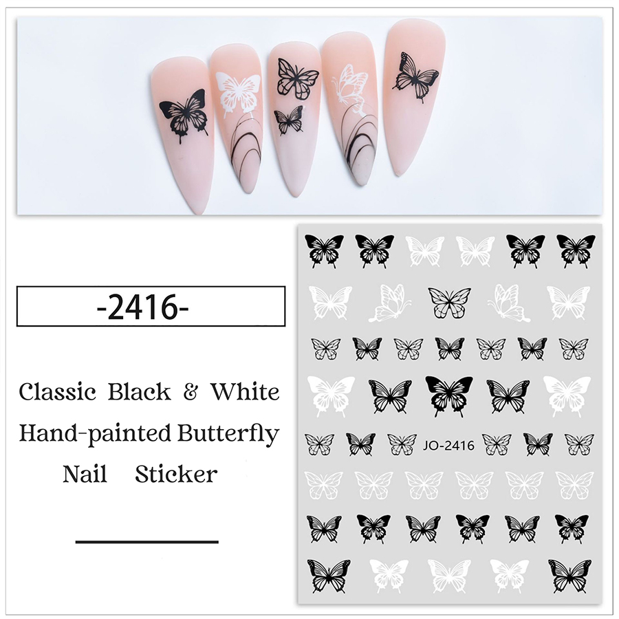 jo2412-2417 classic black &white hand-painted butterfly nail sticker