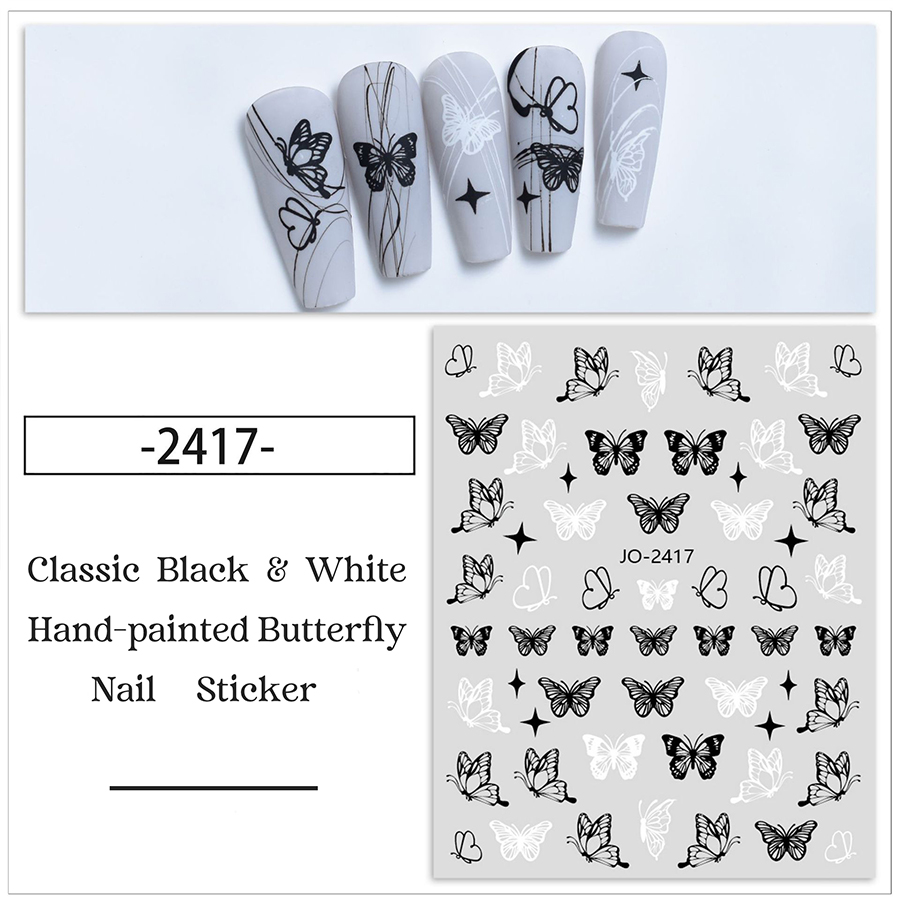 jo2412-2417 classic black &white hand-painted butterfly nail sticker