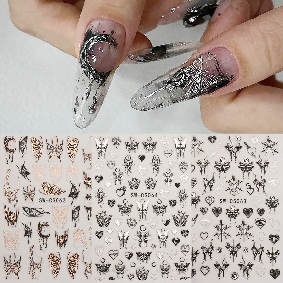 sw-cs062-64 dark liquid silver butterfly nail sticker