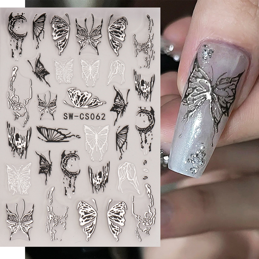 sw-cs062-64 dark liquid silver butterfly nail sticker