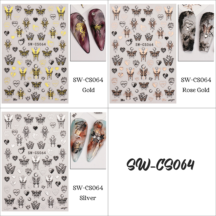 sw-cs062-64 dark liquid silver butterfly nail sticker