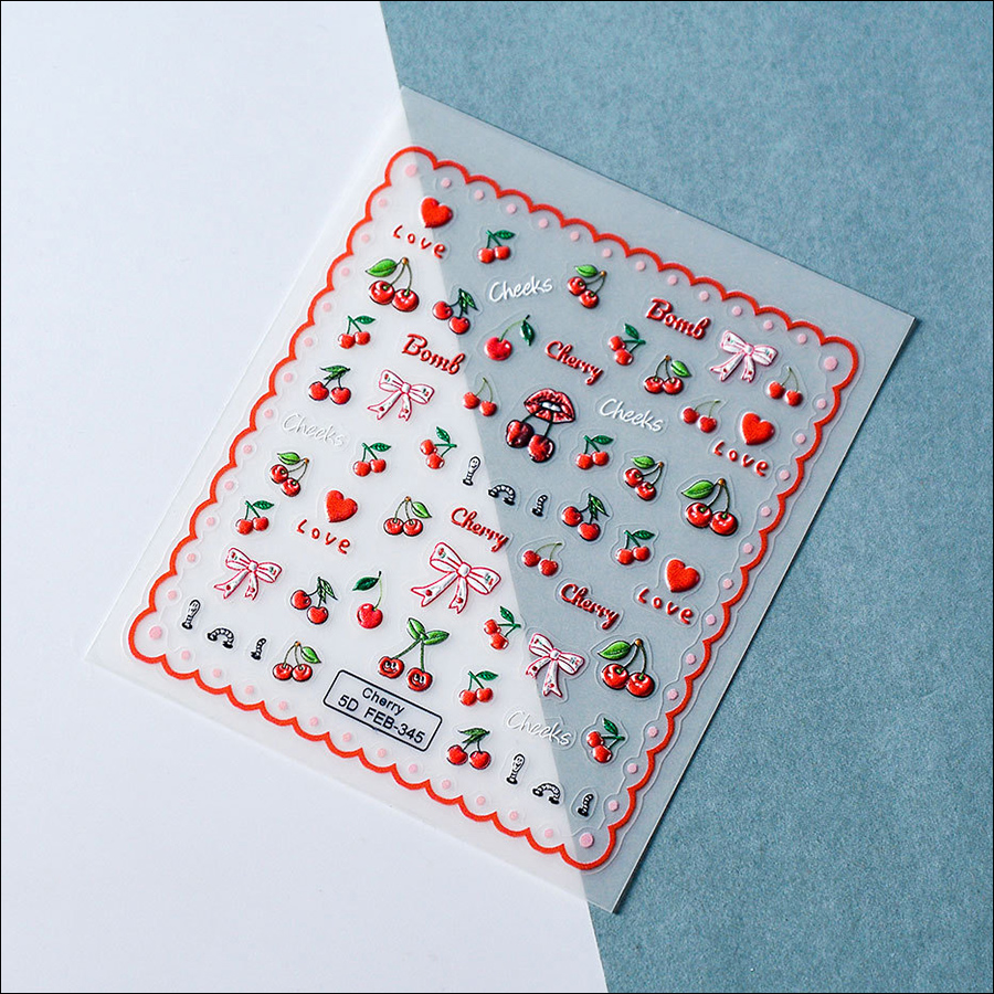 feb-345 5d relief fruit red cherry nail sticker