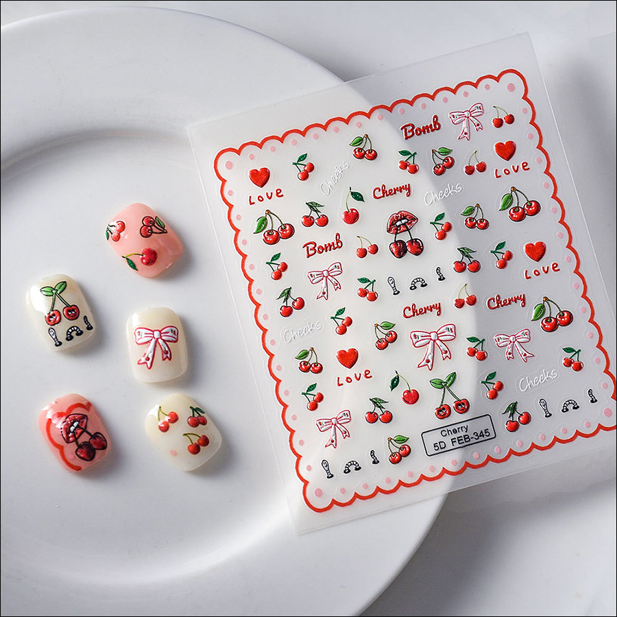 feb-345 5d relief fruit red cherry nail sticker