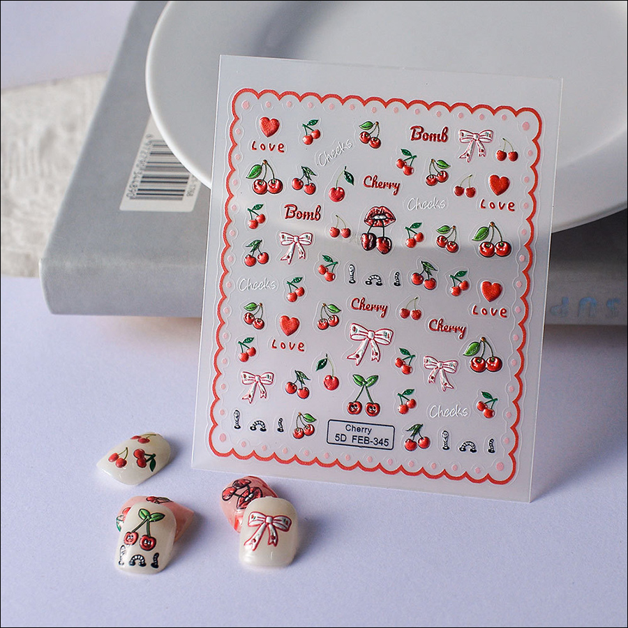 feb-345 5d relief fruit red cherry nail sticker