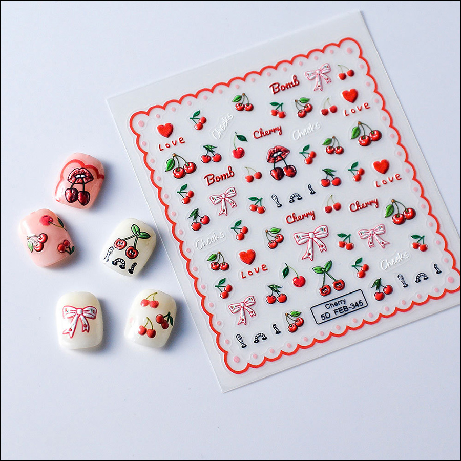 feb-345 5d relief fruit red cherry nail sticker