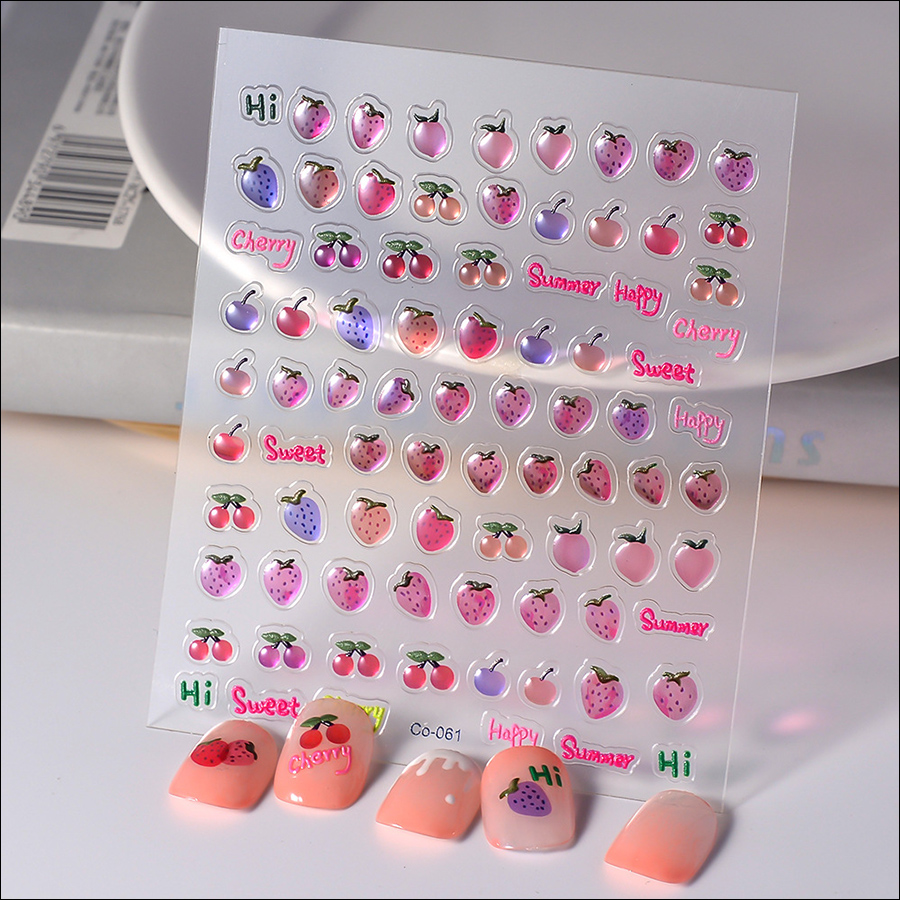 co-012-61 cute cherry macaron fruit stereoscopic transparent strawberry nail stickers