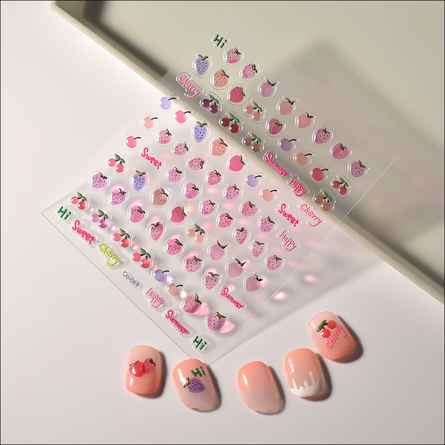 co-012-61 cute cherry macaron fruit stereoscopic transparent strawberry nail stickers