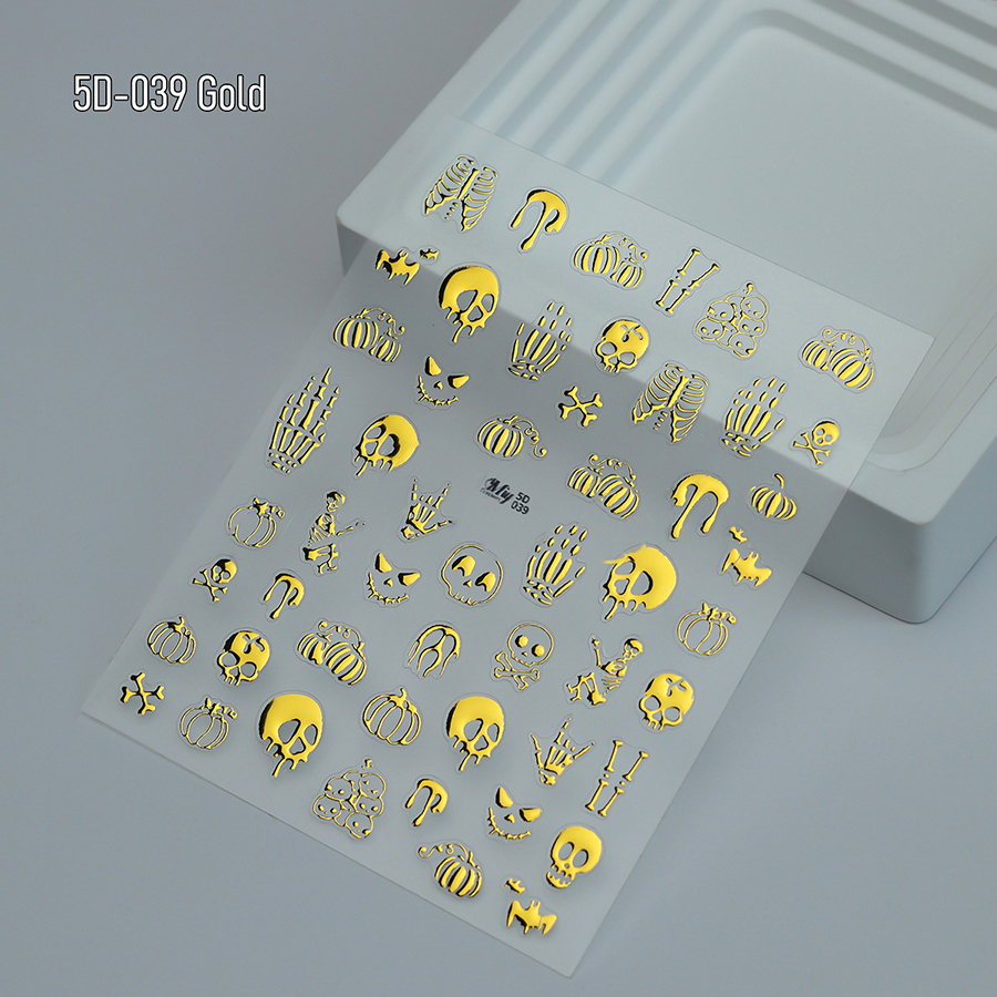 5d-037-039 万圣节骷髅手指甲贴立体浮雕烫金美甲贴纸