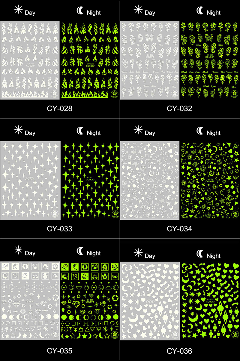 cy28-36 夜光火焰蝴蝶月亮爱心指甲贴